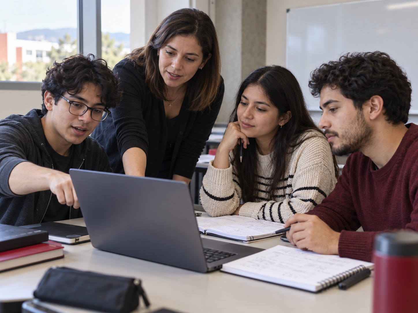 Docente y estudiantes revisan una actividad con un computador durante una clase